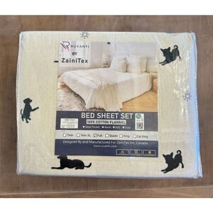 NEW RUVANTI By‎ ZainiTex 4pc Full Size Black Dog 100 % Cotton Flannel Sheet Set